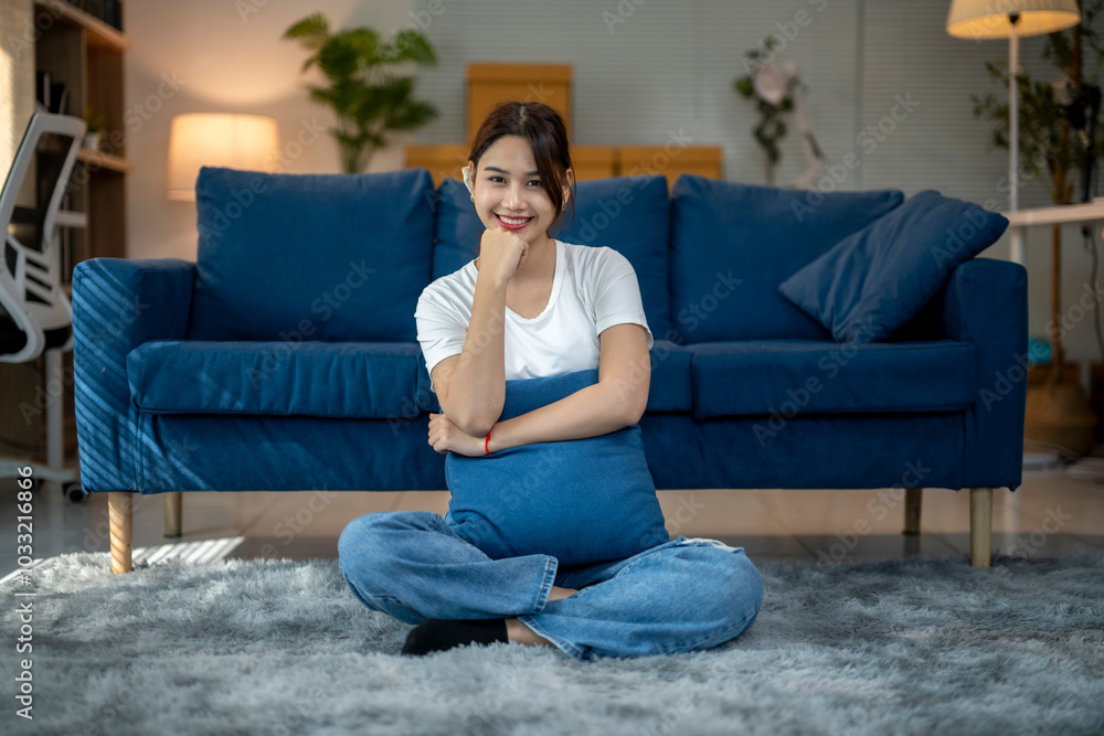 A woman is sitting on the floor in front of a blue couch A woman is sitting on the floor in front of a blue couch