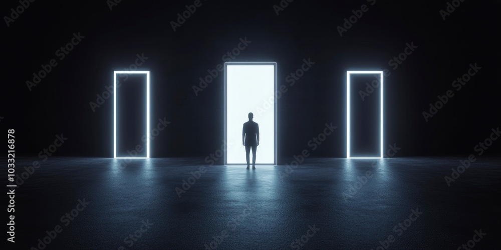 opportunity and choice concept, a person standing in the center between three glowing white doors, rough concrete surface against dark background opportunity and choice concept, a person standing in the center between three glowing white doors, rough concrete surface against dark background