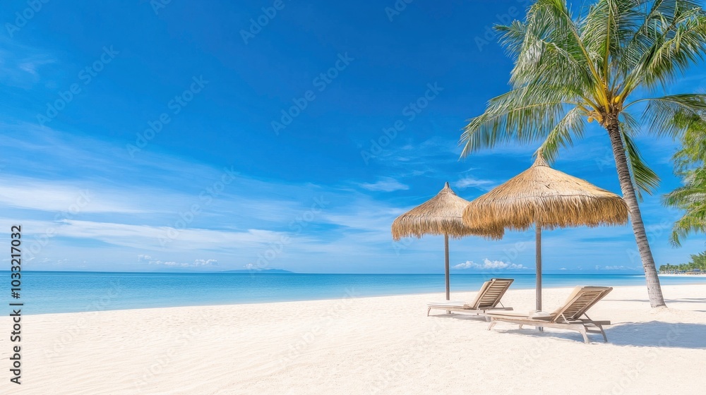 A beautiful tropical beach with palm trees and sun loungers under straw umbrellas on white sand, with a blue sea view. A beautiful tropical beach with palm trees and sun loungers under straw umbrellas on white sand, with a blue sea view.