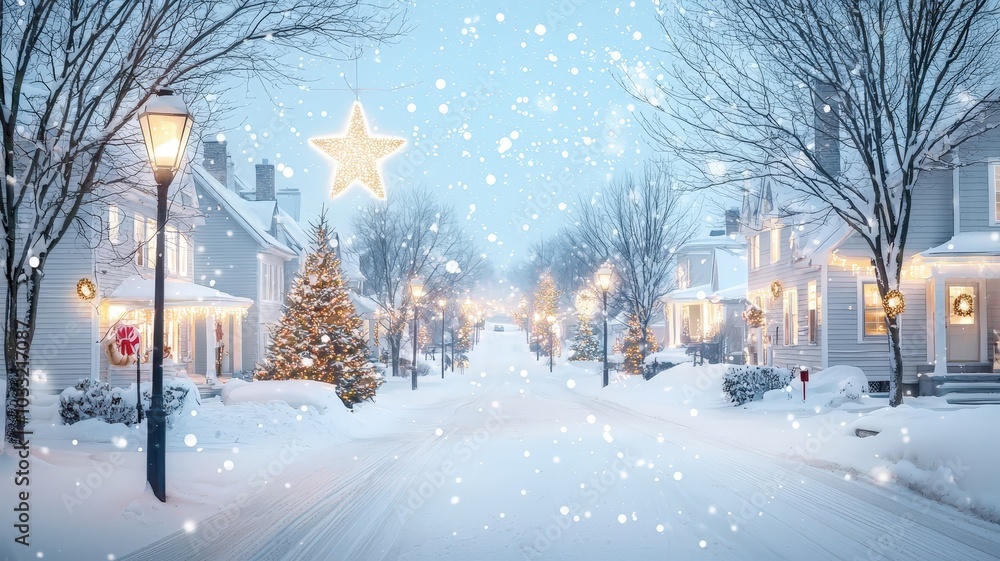 A serene winter street scene adorned with Christmas lights, snowflakes falling gently, and a festive tree, evoking a magical holiday atmosphere. A serene winter street scene adorned with Christmas lights, snowflakes falling gently, and a festive tree, evoking a magical holiday atmosphere.