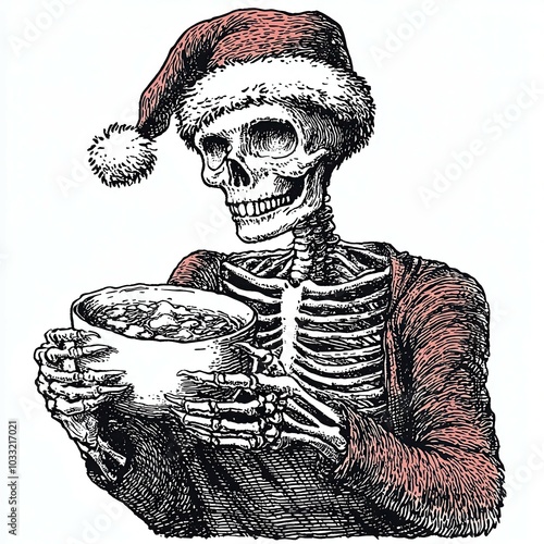 A whimsical skeleton in a Santa hat holds a bowl, blending festive cheer with a macabre twist. photo