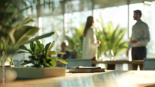 In a bright, eco-friendly office, a manager conducts a team meeting with natural elements. The tilt-shift effect miniaturizes the scene, ideal for business ads with copy space.