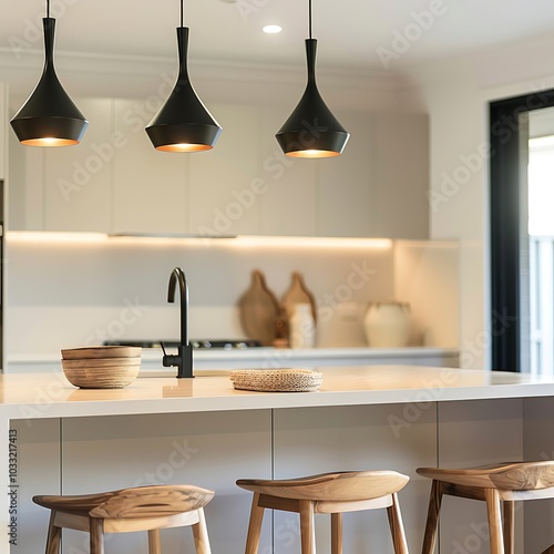 A diamond shape lights with black marble and wooden touch kitchen design
