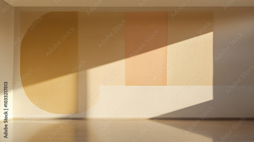 Contemporary interior with geometric wall art and natural light in a minimalistic space Contemporary interior with geometric wall art and natural light in a minimalistic space