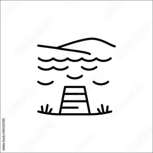 Lake with Dock icon. Simple icon representing a lake with a dock and hills, ideal for social media, app, and web design. Vector illustration