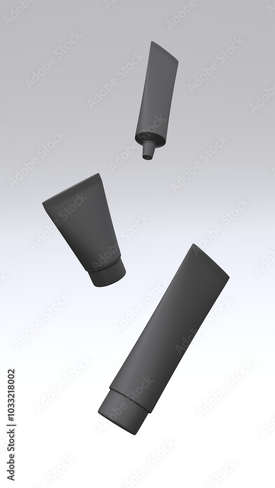 Plastic tubes mockup flying in the air on the white background. Package design. 3d illustration. Plastic tubes mockup flying in the air on the white background. Package design. 3d illustration.