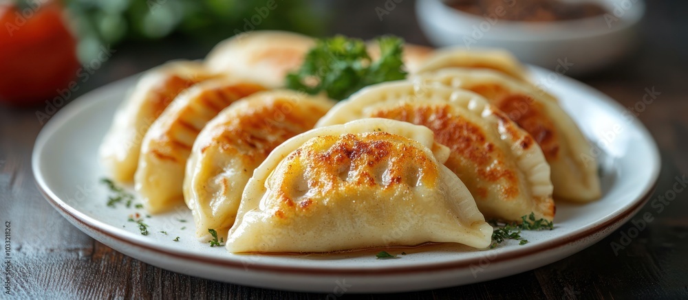 Close-up of golden brown dumplings with a parsley garnish on a white plate. Close-up of golden brown dumplings with a parsley garnish on a white plate.