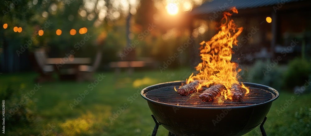 Close-up of grilling sausages over flames in a backyard with a blurry background of a table, grass, and a house. Close-up of grilling sausages over flames in a backyard with a blurry background of a table, grass, and a house.