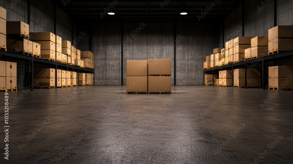 A wide view of a warehouse interior with stacked cardboard boxes against concrete walls, highlighting an organized storage space. A wide view of a warehouse interior with stacked cardboard boxes against concrete walls, highlighting an organized storage space.