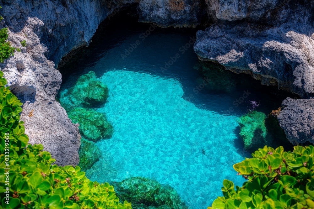 Secluded Clear Water Cove Nestled Among Rocks and Vegetation, A Tranquil Natural Retreat. Generative AI Secluded Clear Water Cove Nestled Among Rocks and Vegetation, A Tranquil Natural Retreat. Generative AI
