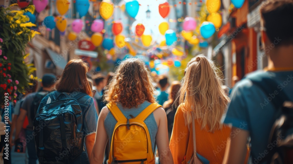 A group of people walking through a bustling street market decorated with colorful lanterns, enjoying a lively, festive atmosphere. A group of people walking through a bustling street market decorated with colorful lanterns, enjoying a lively, festive atmosphere.