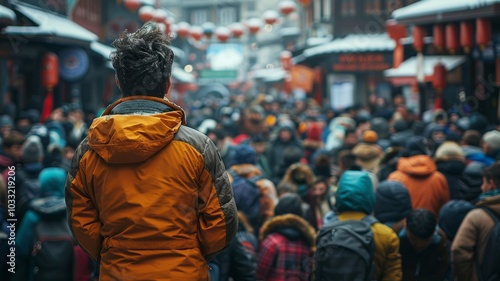 A man in a yellow jacket addressing a crowd in a bustling outdoor market, with vibrant stalls and people, creating an energetic street scene.