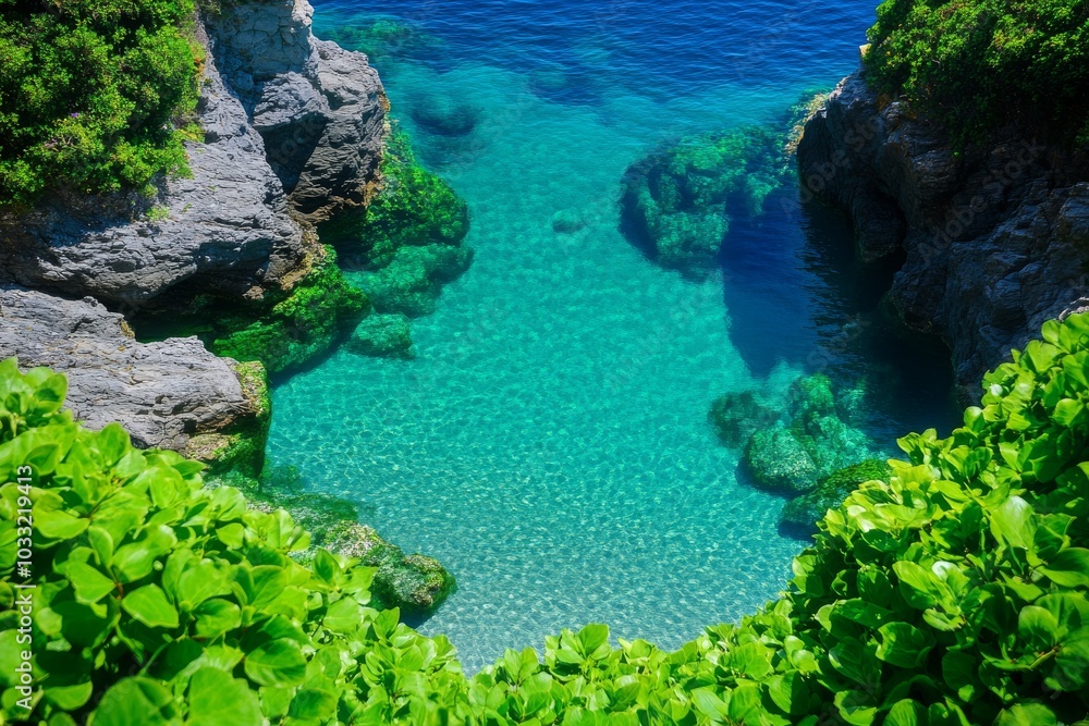 Crystal Clear Water Nestled Among Rocks and Greenery, An Enchanting View of Nature’s Beauty. Generative AI Crystal Clear Water Nestled Among Rocks and Greenery, An Enchanting View of Nature’s Beauty. Generative AI