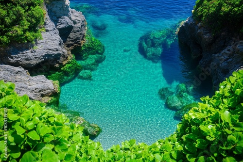 Crystal Clear Water Nestled Among Rocks and Greenery, An Enchanting View of Nature’s Beauty. Generative AI