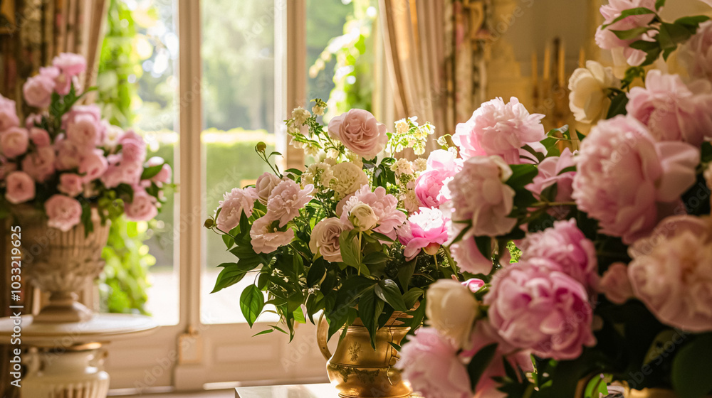 Obraz premium Wedding decoration with peonies, floral decor and event celebration, peony flowers and wedding ceremony in the garden, English country style