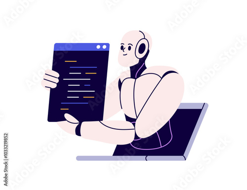 Robot, AI assistant. Digital virtual bot, automated assistant with artificial intelligence. Information technology, machine learning concept. Flat vector illustration isolated on white background