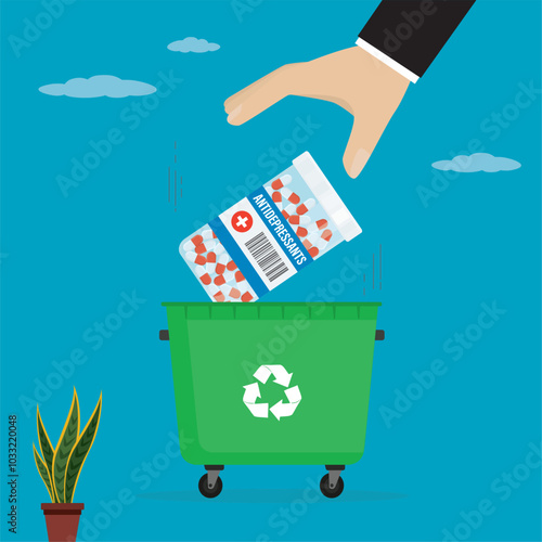 Human hand throws package of antidepressants into trash can. Liberation from pill and medical addiction. Freedom and health. Bottle of medicine falls into garbage bin.