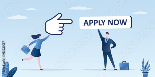 Businessman holding apply now button and businesswoman with mouse pointer to click. Job application or opening position. Apply new job online, career opportunity