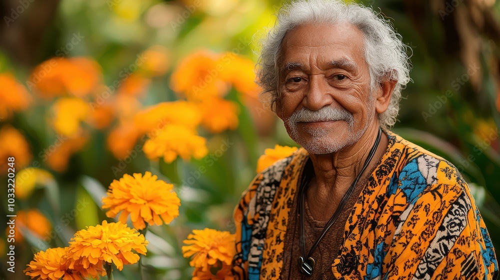 Elderly man smiling amidst vibrant marigold flowers in a lush garden during a sunny afternoon Elderly man smiling amidst vibrant marigold flowers in a lush garden during a sunny afternoon