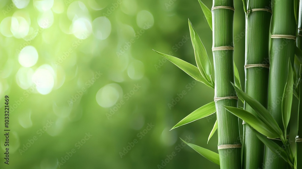 Obraz premium Close-up bamboo stems in focus, beautifully blurred greenery in the background, offering ample space for natural-themed text