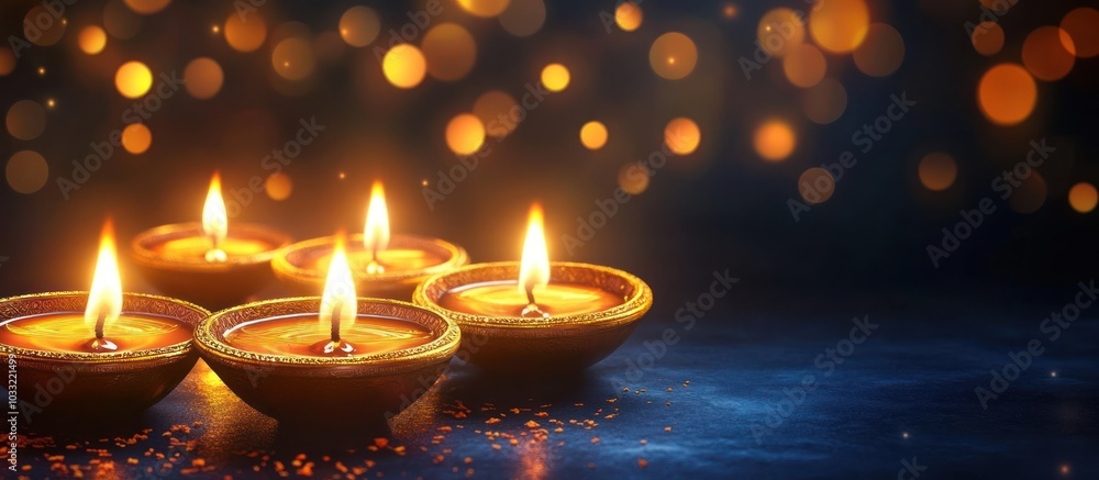 Five lit diya candles in the foreground with a bokeh background. Five lit diya candles in the foreground with a bokeh background.
