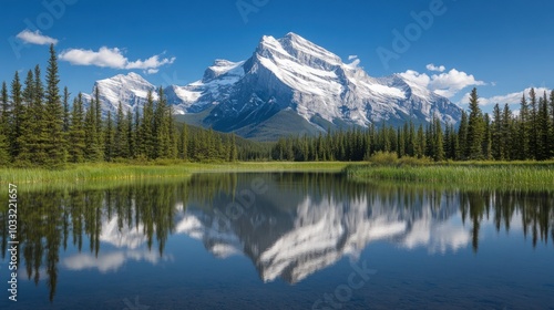 A majestic mountain peak reflected in a still lake, surrounded by a lush forest under a clear blue sky.