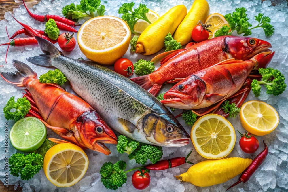 A variety of fish and vegetables are displayed on a table, including a lemon A variety of fish and vegetables are displayed on a table, including a lemon
