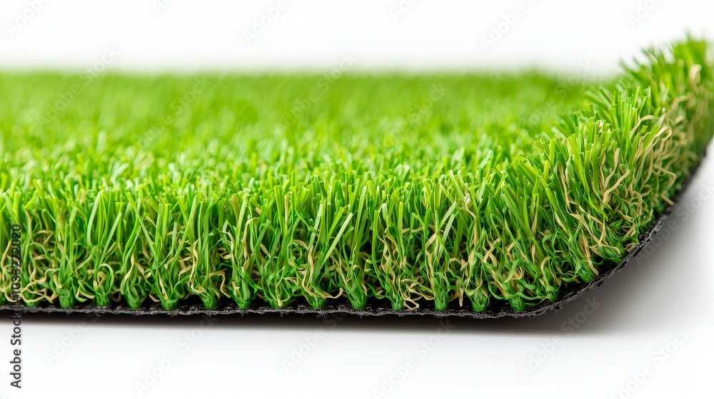 Close-up of a lush artificial grass carpet, isolated on a pure white background, showcasing realistic texture and color in perfect focus Close-up of a lush artificial grass carpet, isolated on a pure white background, showcasing realistic texture and color in perfect focus