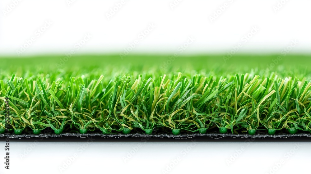 Close-up of a lush artificial grass carpet, isolated on a pure white background, showcasing realistic texture and color in perfect focus Close-up of a lush artificial grass carpet, isolated on a pure white background, showcasing realistic texture and color in perfect focus