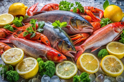 A variety of fish and vegetables are displayed on a table, including a lemon