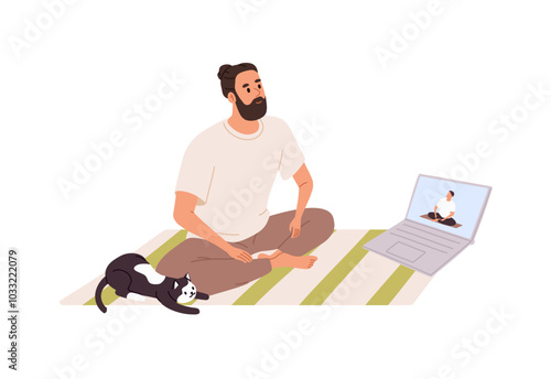 Man practices yoga exercises with video workout. Person training with coach online at home. Character with cat sits in lotus pose, asana indoors. Flat isolated vector illustration on white background