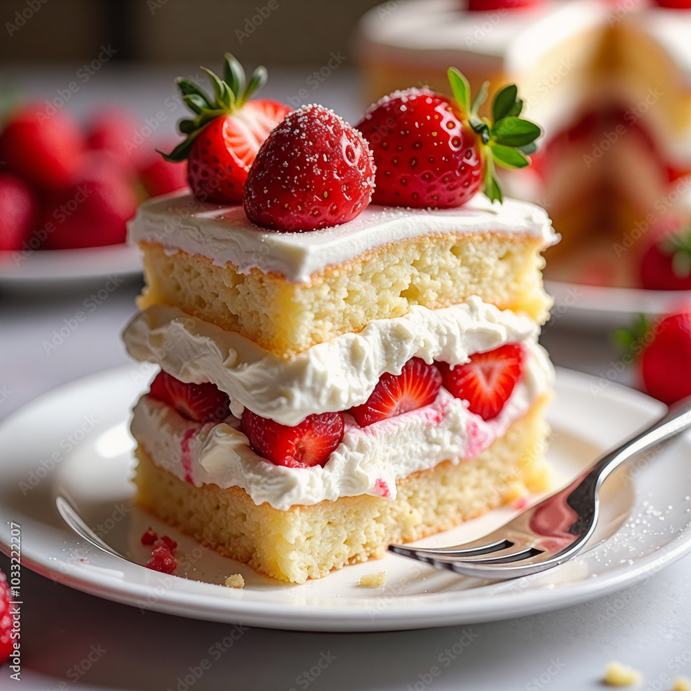 Slice of strawberry cake with whipped cream and strawberries on top Slice of strawberry cake with whipped cream and strawberries on top