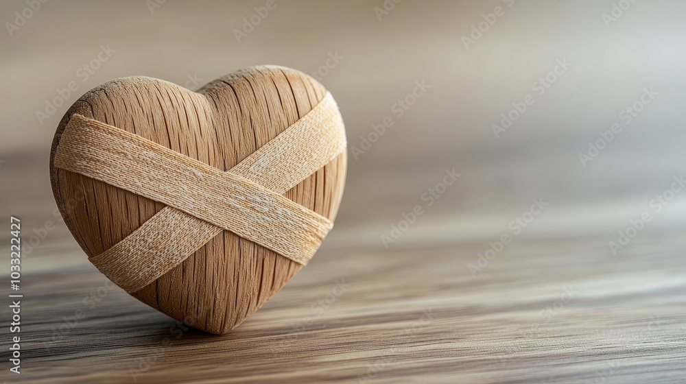 Close-up of a wooden heart with adhesive bandages, symbolizing healing and love, on a natural wood table, clean space on the left for text Close-up of a wooden heart with adhesive bandages, symbolizing healing and love, on a natural wood table, clean space on the left for text