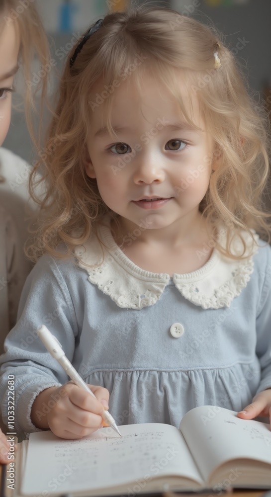 zoe - Focused Young Girl in Blue Dress with Peter Pan Collar Writing, Capturing Childhood Learning and Concentration zoe - Focused Young Girl in Blue Dress with Peter Pan Collar Writing, Capturing Childhood Learning and Concentration
