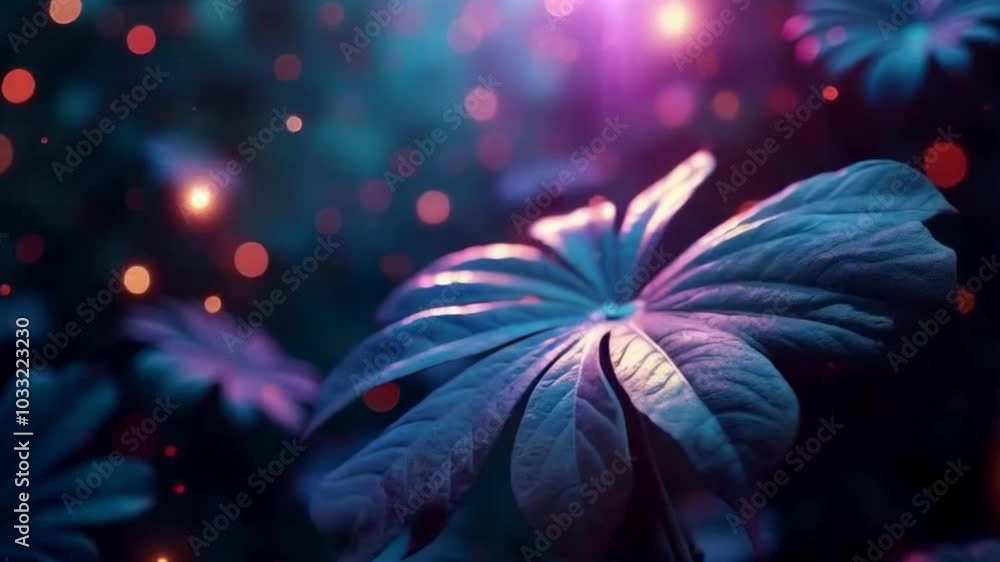 custom made wallpaper toronto digitalGlowing tropical leaves in the night with floating particles. Colorful autumn leaves with neon glow glowing blue and orange elements in a futuristic environment