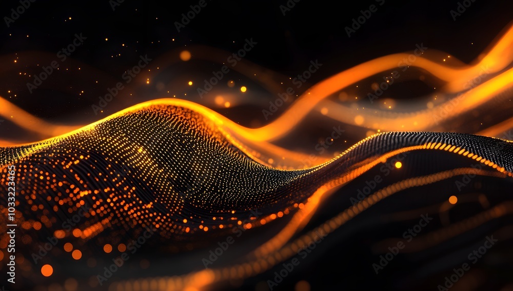 Black background with orange and yellow glowing sound waves moving from left to right, creating an abstract tech-themed design. Black background with orange and yellow glowing sound waves moving from left to right, creating an abstract tech-themed design.
