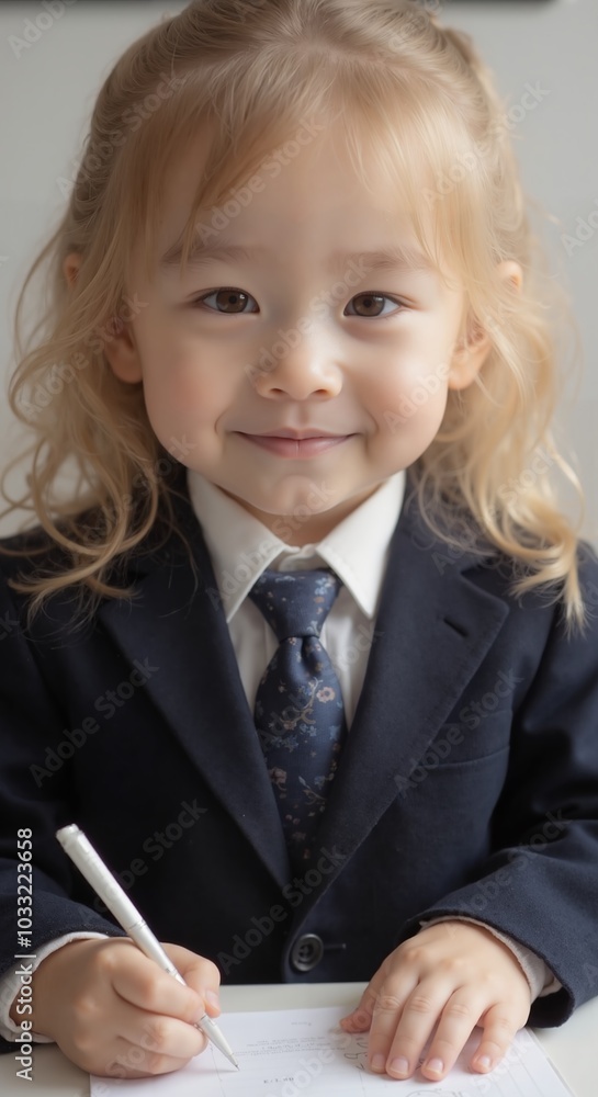 zoe - Serious Young Girl in Business Suit Writing, Embodying Professionalism and Aspiration zoe - Serious Young Girl in Business Suit Writing, Embodying Professionalism and Aspiration