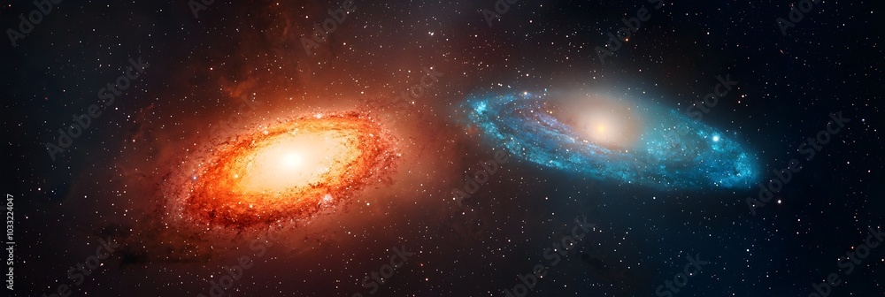 Fototapeta premium Captivating Cosmic Collision Galaxies Merge in Explosive Celestial Display of Swirling Colors and Celestial Energies