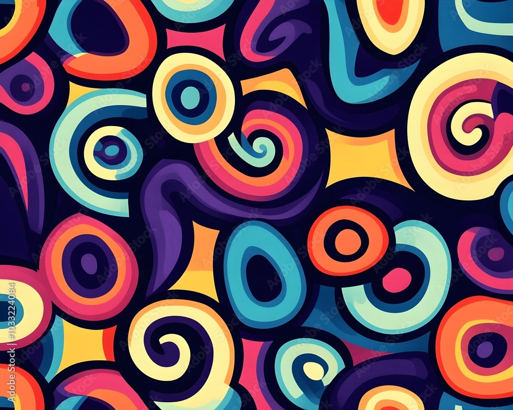 Groovy geometric shapes arranged in a seamless pattern, with soft curves, bright contrasting colors, and abstract swirls, perfect for textiles Groovy geometric shapes arranged in a seamless pattern, with soft curves, bright contrasting colors, and abstract swirls, perfect for textiles