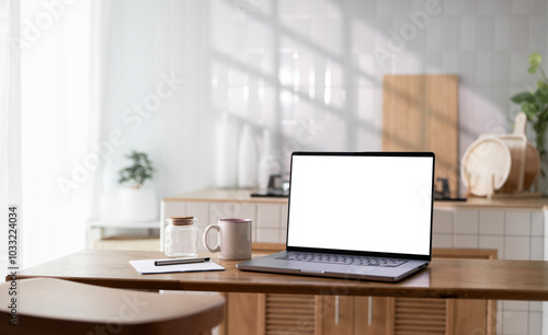 Wallpaper Mural Open laptop with blank screen on a wooden desk in a kitchen room home office Torontodigital.ca