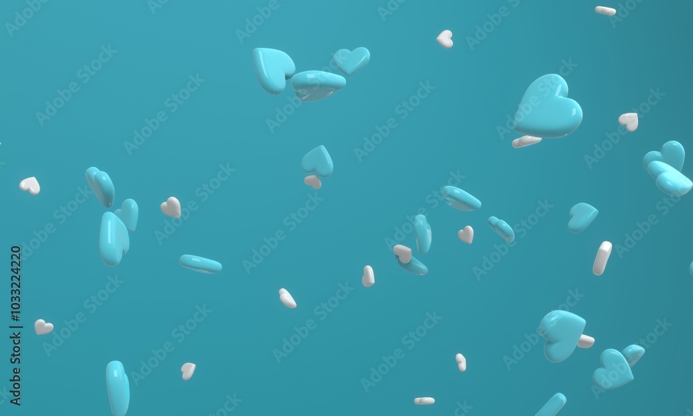 Glossy hearts flying in the air on the blue background. Modern cover design. 3d illustration. Glossy hearts flying in the air on the blue background. Modern cover design. 3d illustration.