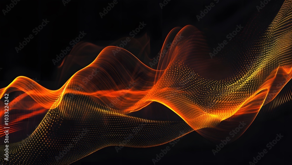 Black background with orange and yellow glowing sound waves moving from left to right, creating an abstract tech-themed design. Black background with orange and yellow glowing sound waves moving from left to right, creating an abstract tech-themed design.
