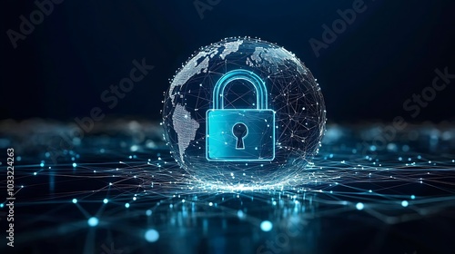 A secure padlock hovering above a wireframe globe, with data connections linking continents.