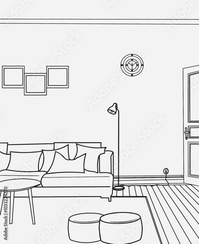 Interior design with modern living room in black sketch line on white background. Line drawing of Living room with modern furniture editable stroke. Living room line. Modern interior and furniture.