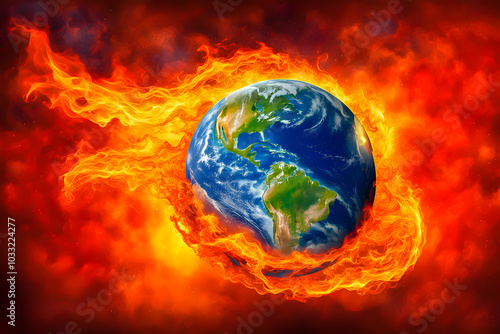 Illustration of planet earth is burning on the abstract background.