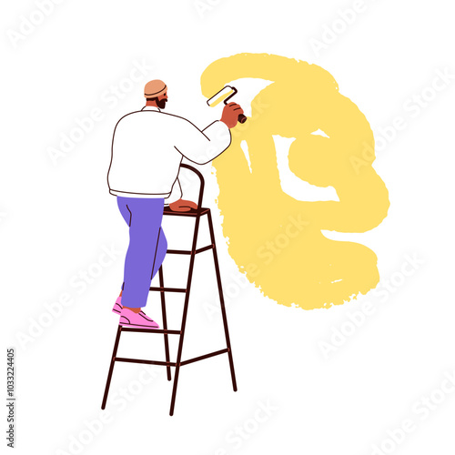 Wall painting process. Painter worker on ladder, holding roller for home renovation, decoration with paint. Man works, interior improvement. Flat vector illustration isolated on white background