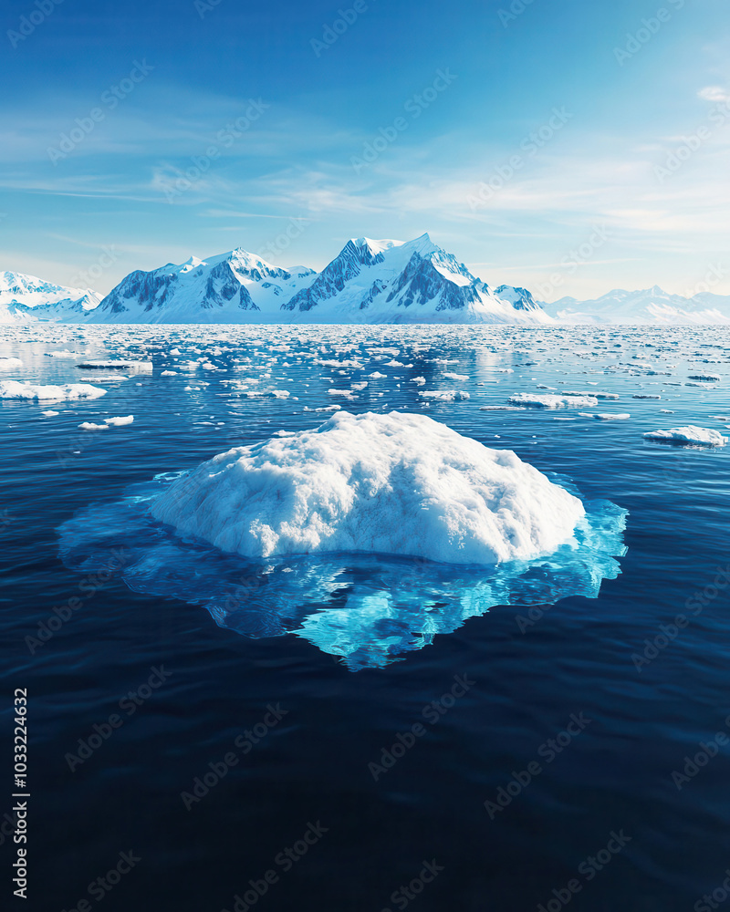 A polar ice cap melting into the ocean, representing the catastrophic effects of global warming Isolated icy blue ocean background with a clear sky A polar ice cap melting into the ocean, representing the catastrophic effects of global warming Isolated icy blue ocean background with a clear sky