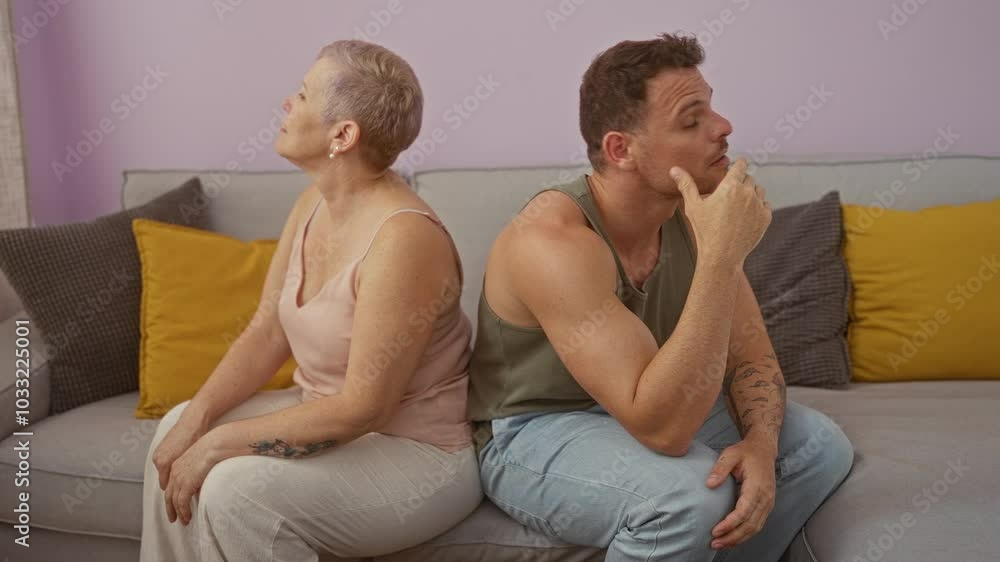 Woman and man sitting back to back on a sofa in a living room with a neutral expression, capturing emotions indicative of tension or disagreement. Woman and man sitting back to back on a sofa in a living room with a neutral expression, capturing emotions indicative of tension or disagreement.