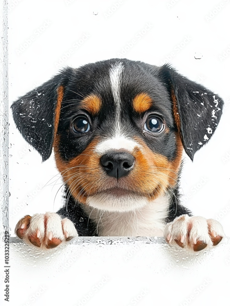 Puppy peeking through window Puppy peeking through window