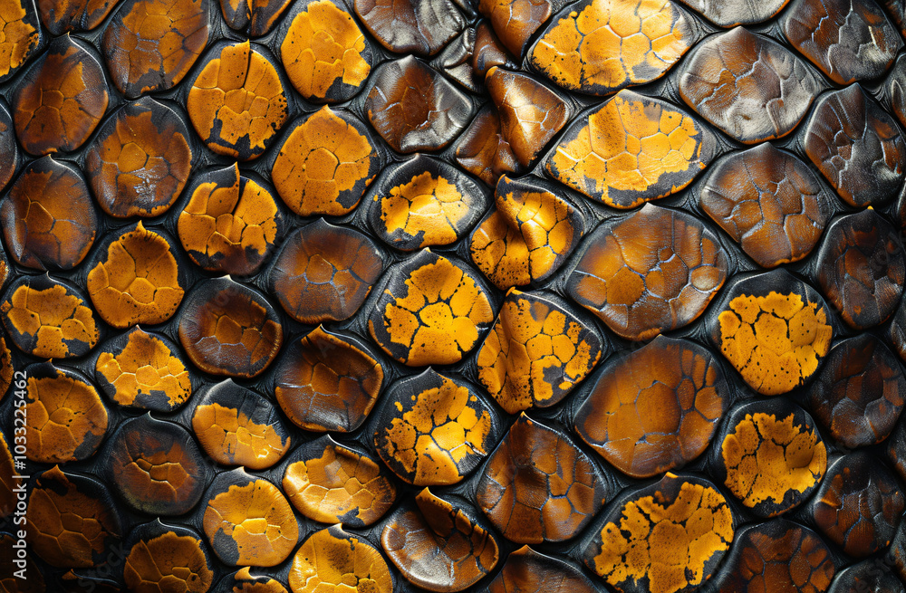 photo of a snake skin pattern in shiny golden yellow and brown colors, shown from a top view, with a textured background, in a macro shot photo of a snake skin pattern in shiny golden yellow and brown colors, shown from a top view, with a textured background, in a macro shot